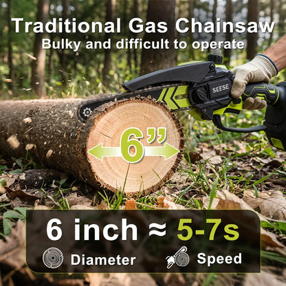 SEESE 6-Inch Brushless Mini Chainsaw with Automatic Oiling System, Portable Cordless Electric Chain Saw for Wood Cutting, Pruning, Gardening & Camping, 2000Mah Battery Included, Suitable for Seniors & Women
