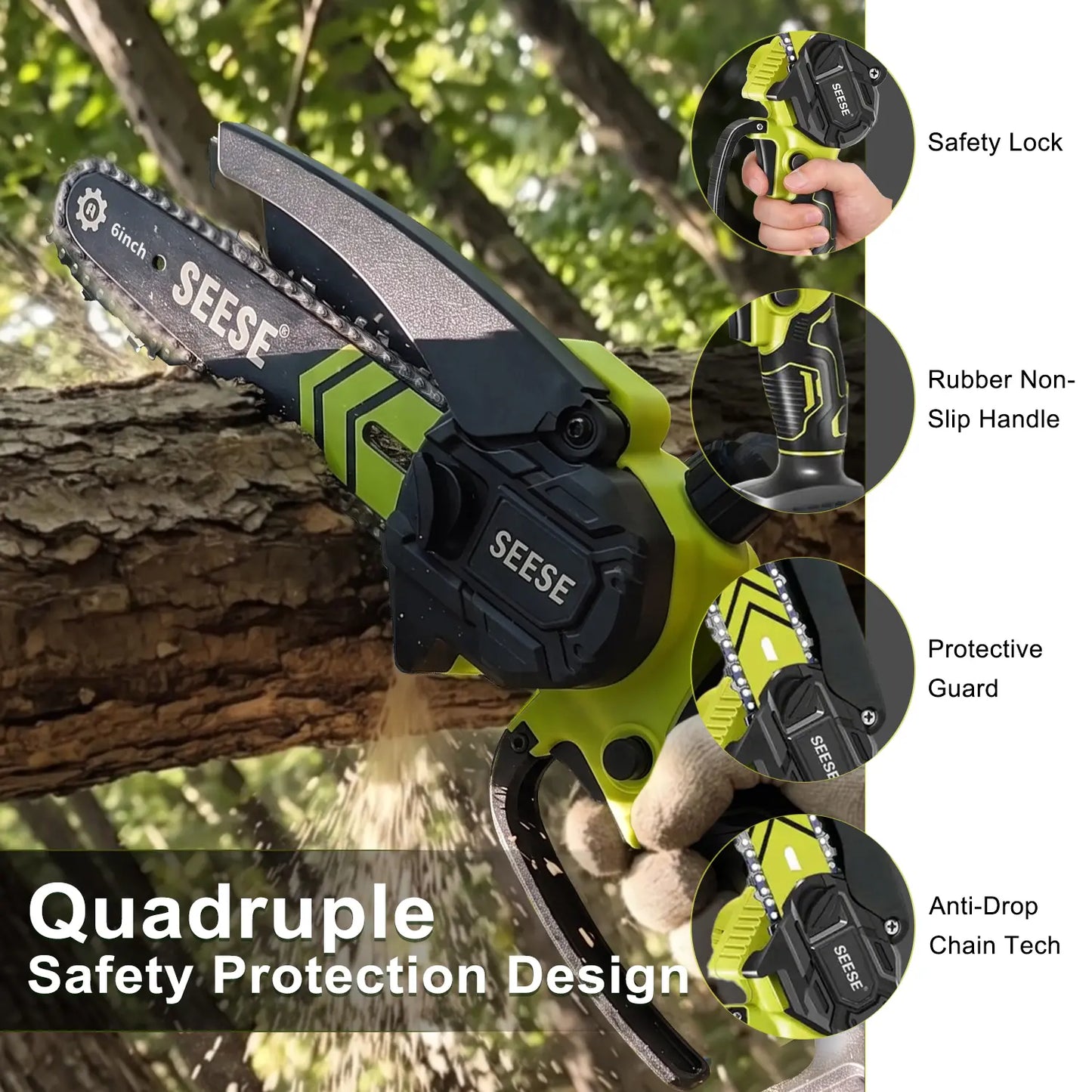 SEESE 6-Inch Brushless Mini Chainsaw with Automatic Oiling System, Portable Cordless Electric Chain Saw for Wood Cutting, Pruning, Gardening & Camping, 2000Mah Battery Included, Suitable for Seniors & Women