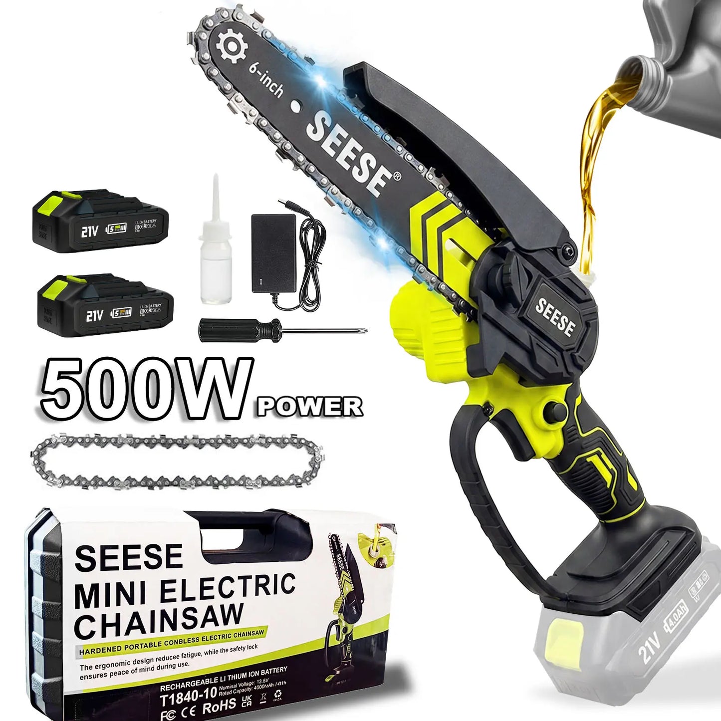 SEESE 6-Inch Brushless Mini Chainsaw with Automatic Oiling System, Portable Cordless Electric Chain Saw for Wood Cutting, Pruning, Gardening & Camping, 2000Mah Battery Included, Suitable for Seniors & Women