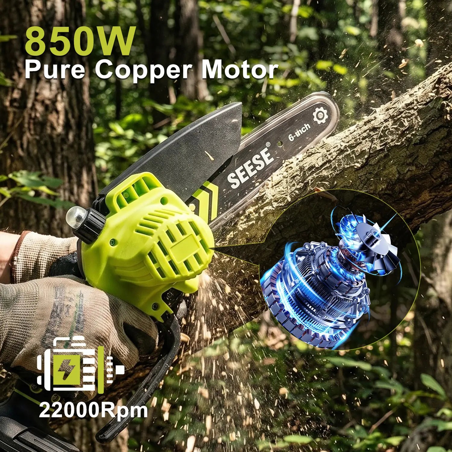 SEESE 6-Inch Brushless Mini Chainsaw with Automatic Oiling System, Portable Cordless Electric Chain Saw for Wood Cutting, Pruning, Gardening & Camping, 2000Mah Battery Included, Suitable for Seniors & Women