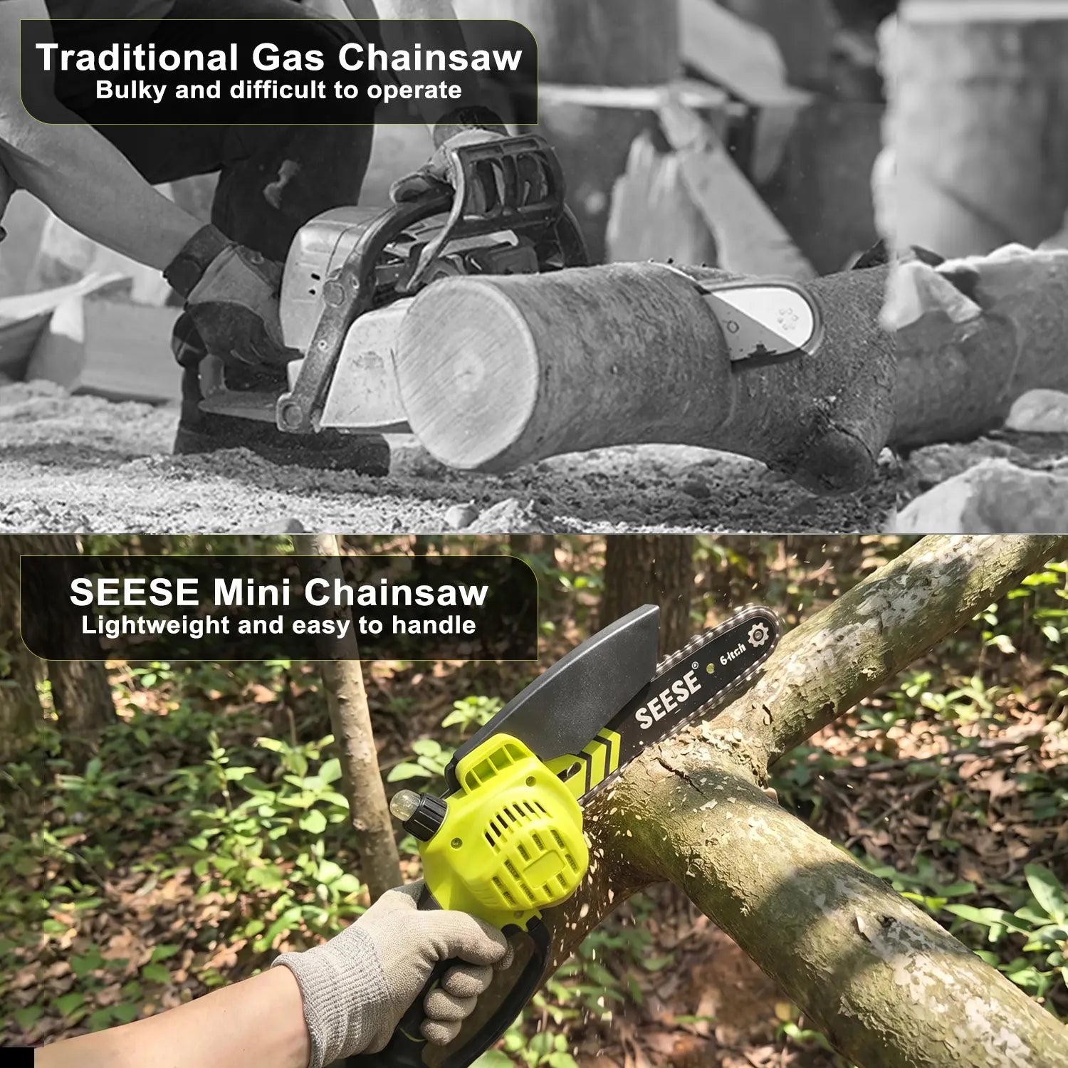 SEESE 6-Inch Brushless Mini Chainsaw with Automatic Oiling System, Portable Cordless Electric Chain Saw for Wood Cutting, Pruning, Gardening & Camping, 2000Mah Battery Included, Suitable for Seniors & Women