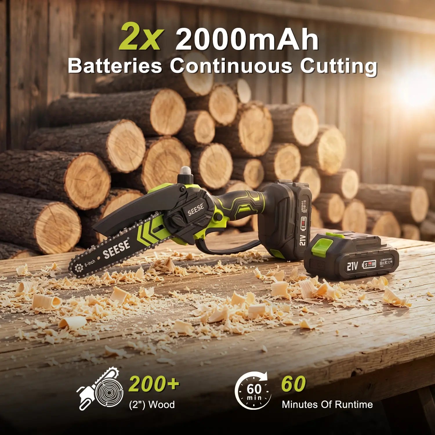 SEESE 6-Inch Brushless Mini Chainsaw with Automatic Oiling System, Portable Cordless Electric Chain Saw for Wood Cutting, Pruning, Gardening & Camping, 2000Mah Battery Included, Suitable for Seniors & Women