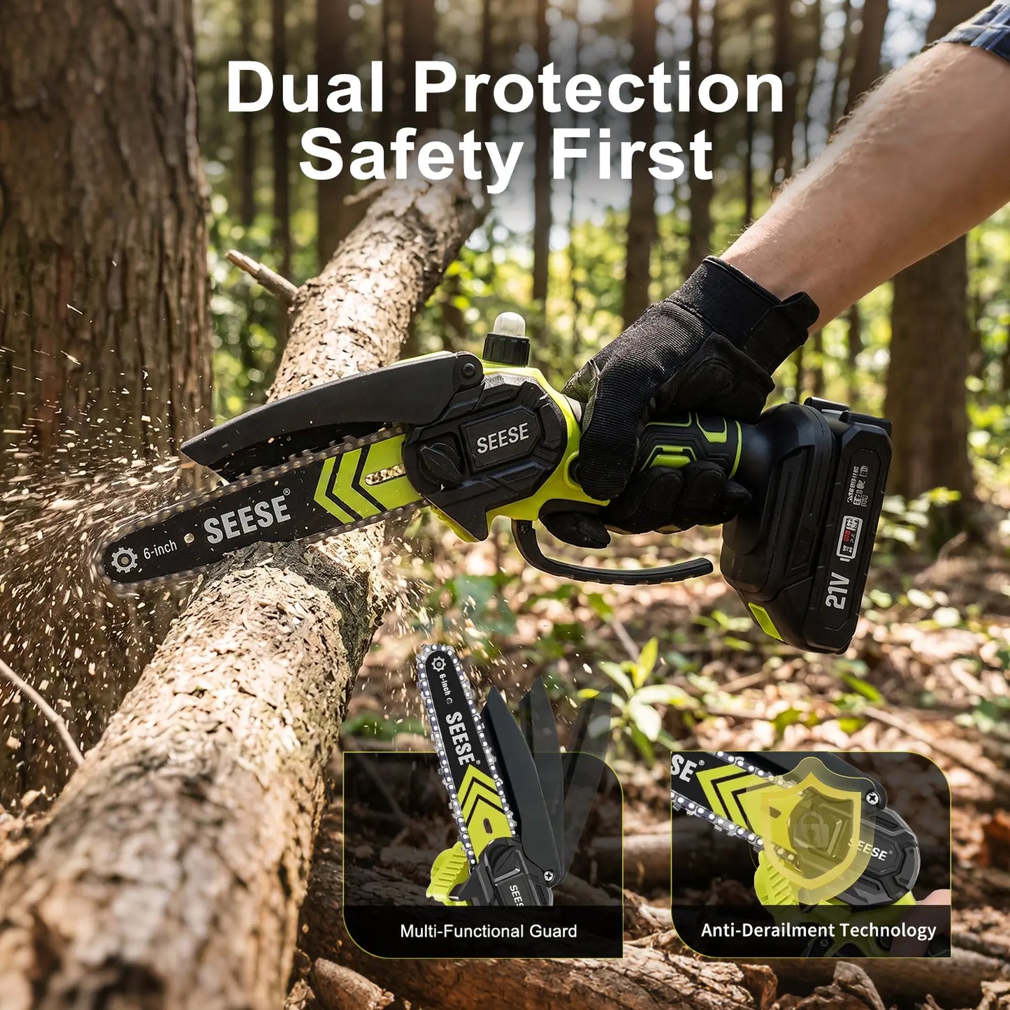 SEESE 6-Inch Brushless Mini Chainsaw with Automatic Oiling System, Portable Cordless Electric Chain Saw for Wood Cutting, Pruning, Gardening & Camping, 2000Mah Battery Included, Suitable for Seniors & Women