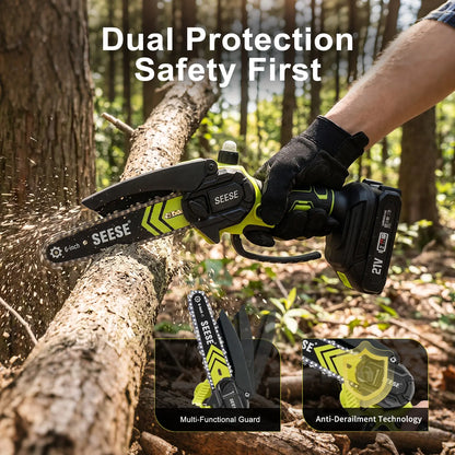 SEESE 6-Inch Brushless Mini Chainsaw with Automatic Oiling System, Portable Cordless Electric Chain Saw for Wood Cutting, Pruning, Gardening & Camping, 2000Mah Battery Included, Suitable for Seniors & Women